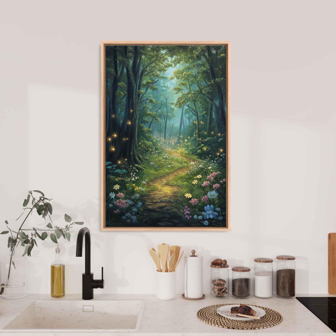 Enchanted Forest Path With Wildflowers And Fireflies Painting Poster