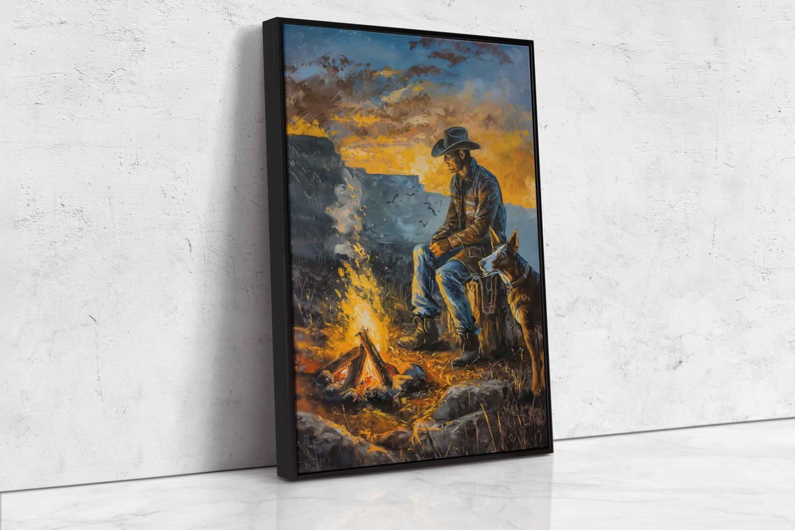 Cowboy Sitting By Campfire With Loyal Dog At Dusk Western Poster - Image 4