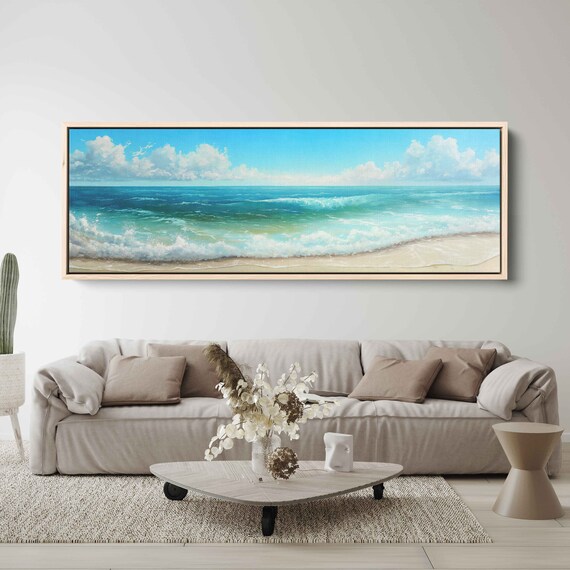 Beautiful Beach Blue Waves Panoramic Oil Painting Cloudy Sky Ocean Poster