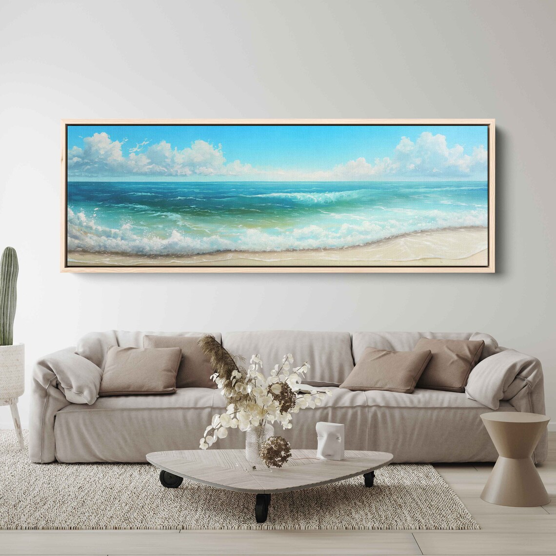 Beautiful Beach Blue Waves Panoramic Oil Painting Cloudy Sky Ocean Poster