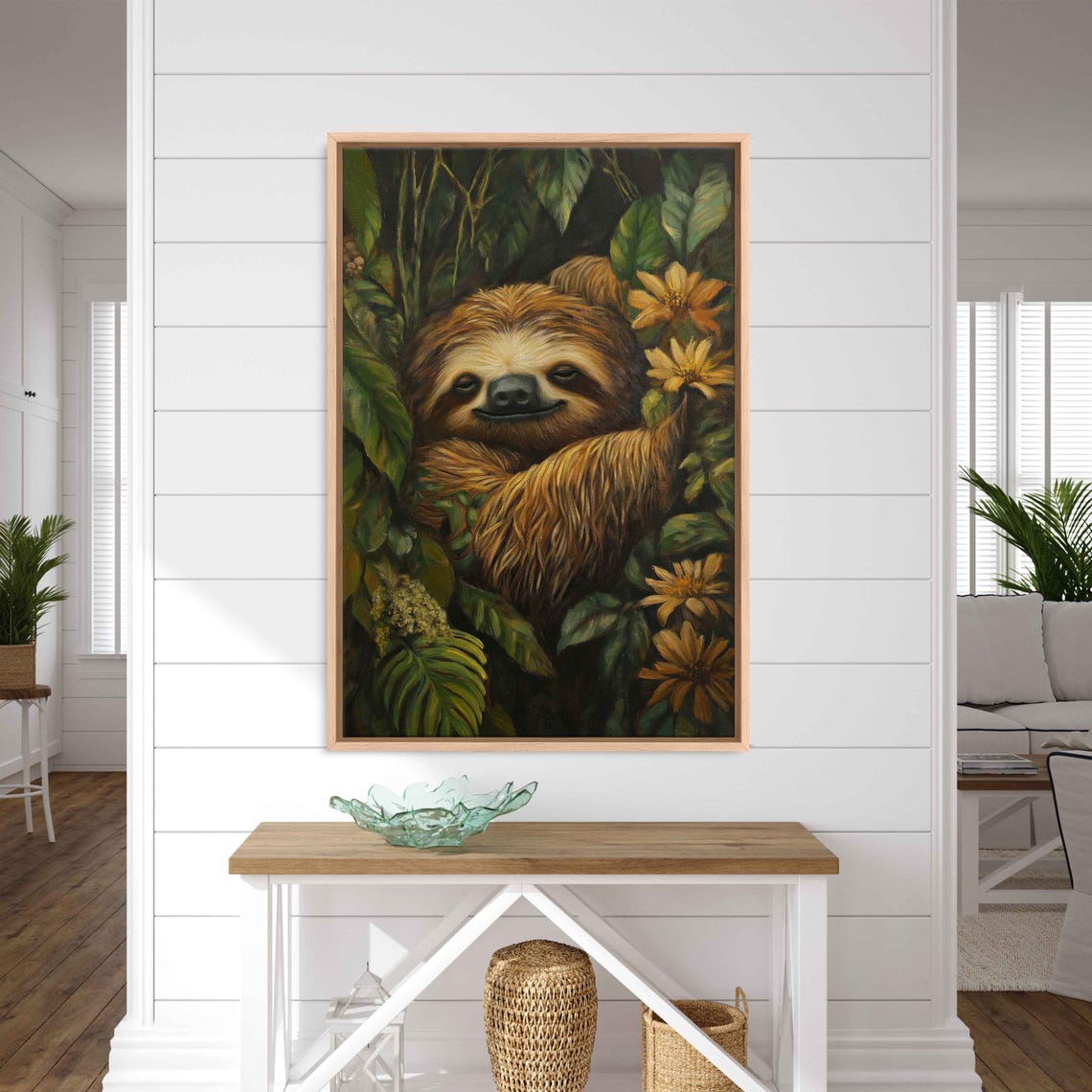 Smiling Sloth In Dark Jungle With Yellow Flowers Cozy Poster