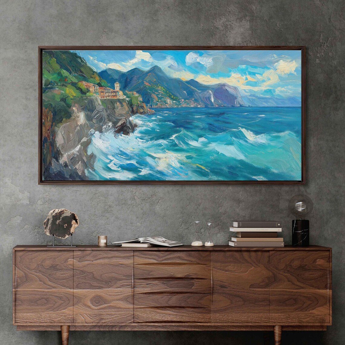 Abstract Italian Coast Wall Art Print Swirling Waves Rocky Cliffs Deep Blues Greens