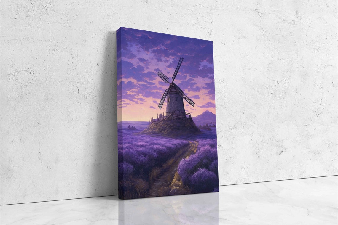Lavender Field Windmill Twilight Impressionist Oil Painting Poster - Image 4