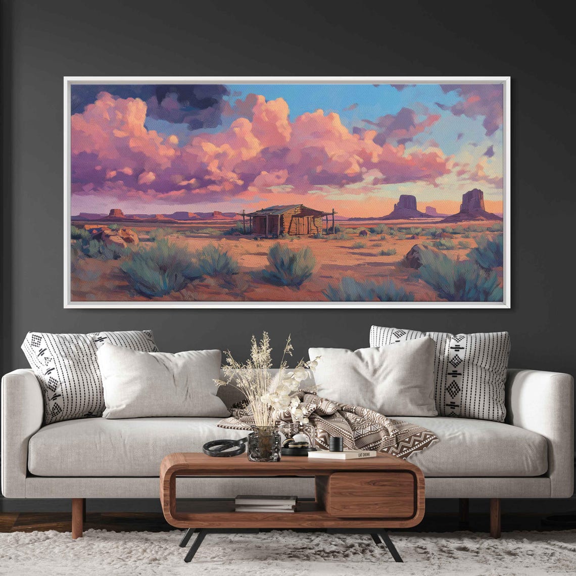 Monument Valley Desert Cabin Pink Cloud Sunset Mesas Landscape Poster