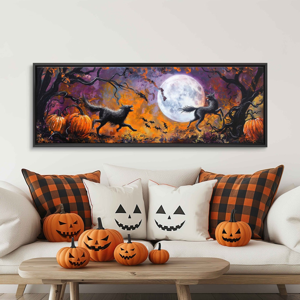 Werewolves Full Moon Pumpkin Patch Bats Fiery Night Panoramic Poster - Image 3