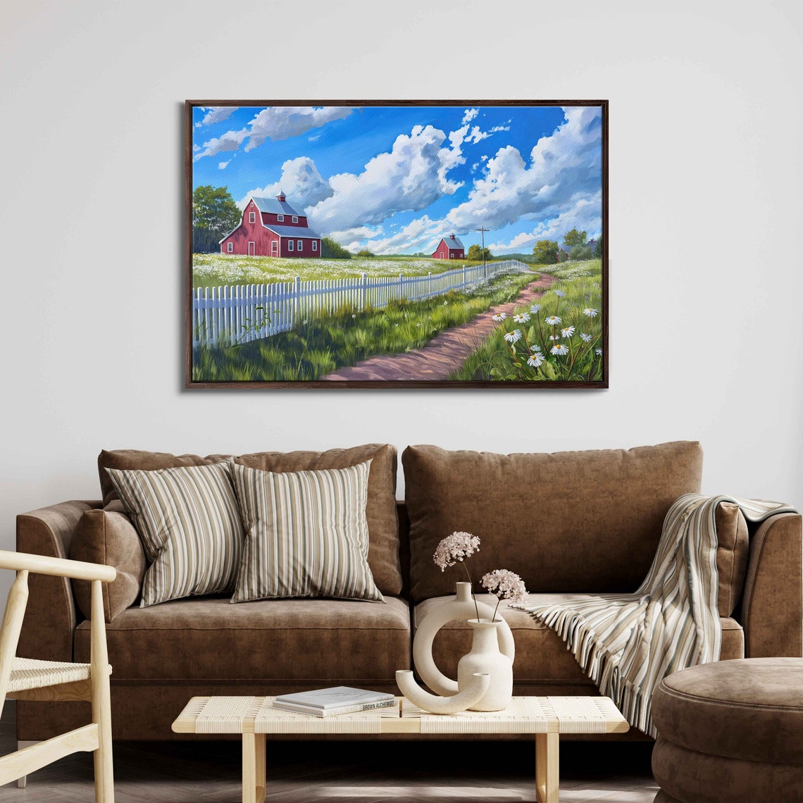 Red Barn White Picket Fence Wildflower Path Cloudy Blue Sky Painting - Image 3