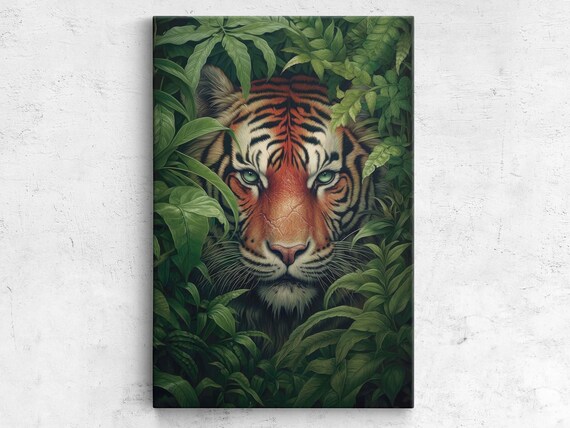 Tiger Face Emerging Jungle Leaves Piercing Eyes Wildlife Art Poster