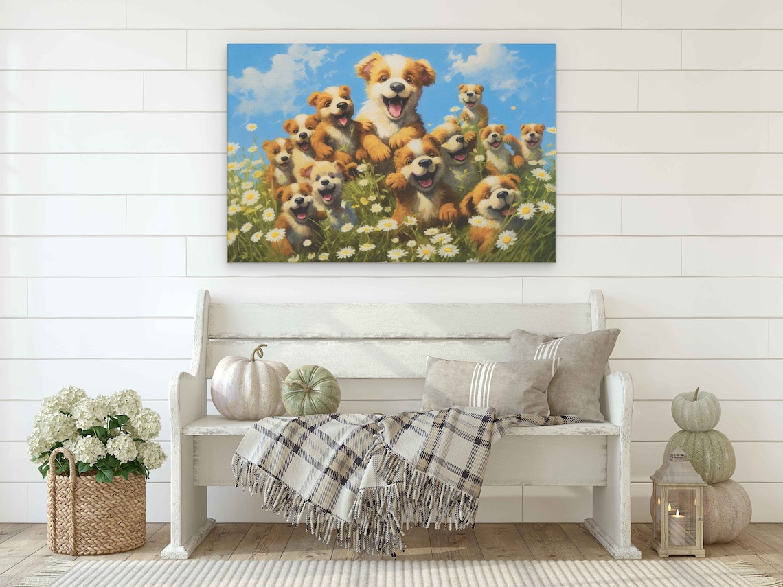 Joyful Brown Puppies in Daisy Meadow Cute Dog Painting Poster - Image 2
