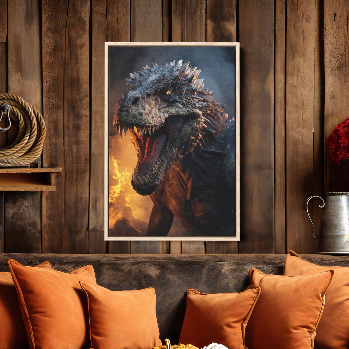 Roaring T-Rex Dinosaur Flames Fiery Background Dramatic Fantasy Poster - Image 3