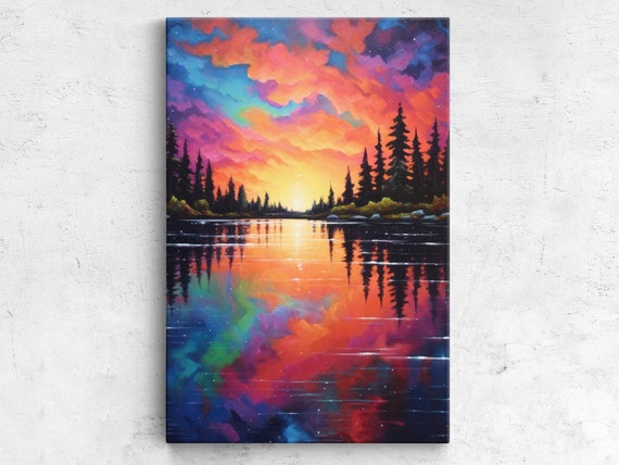Neon Colorful Lake With Abstract Clouds Painting Framed Print Ready To Hang Neon Art Living Room Decor