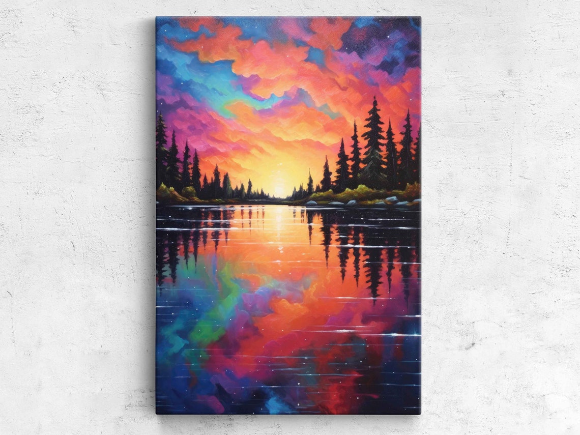 Vibrant Sunset Lake Reflection Colorful Clouds Pine Forest Poster