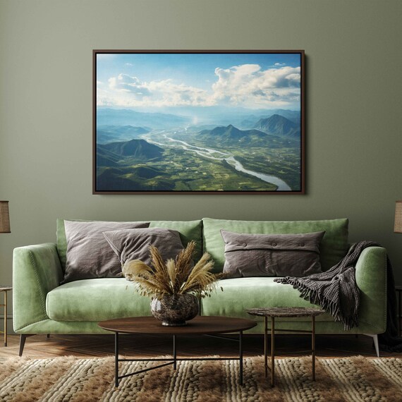 Breathtaking Mountain View Wall Art Print Overlooking Mountain Range Flowing River Pillowing Cloud Rural Landscape Ready To Hang
