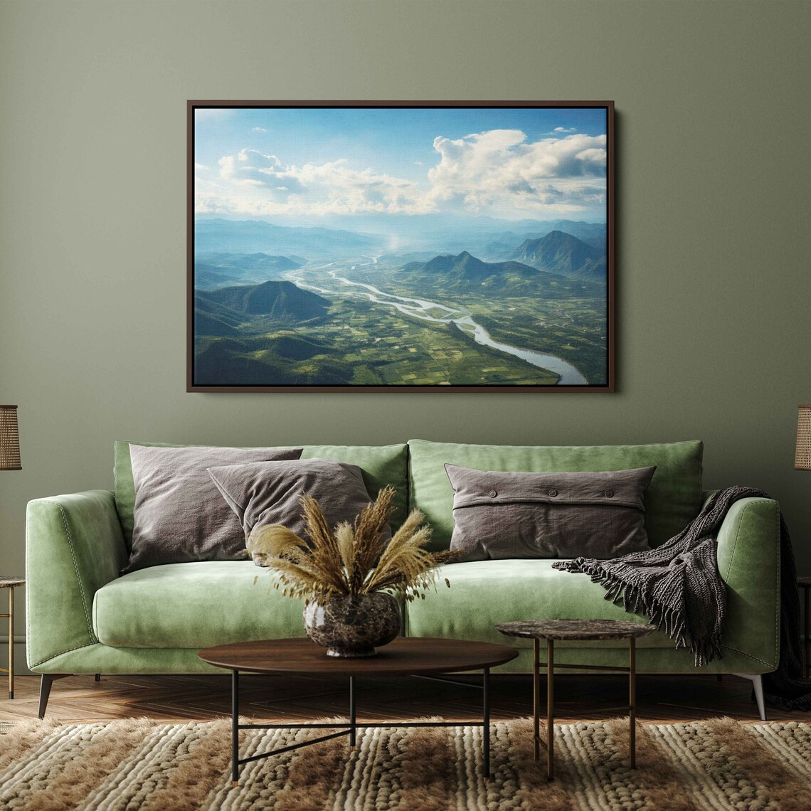 Breathtaking Mountain View Wall Art Print Overlooking Mountain Range Flowing River Pillowing Cloud Rural Landscape Ready To Hang