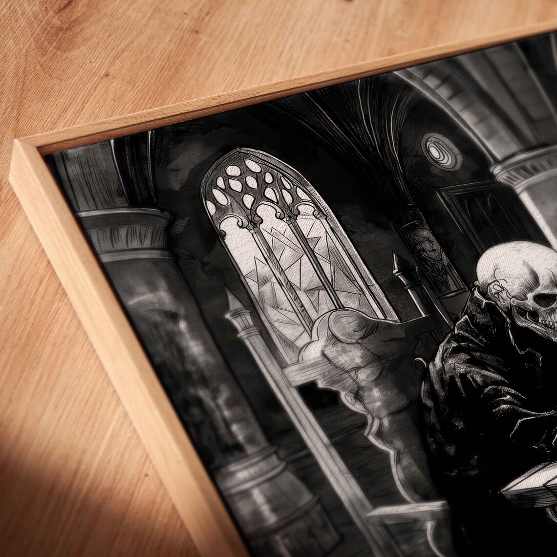 Skeleton And Ghoul Playing Chess In Gothic Hall Dark Spooky Ink Poster - Image 2