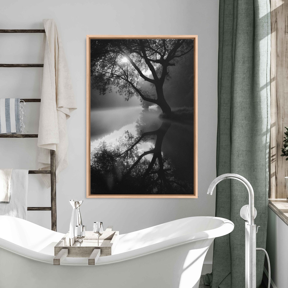 Moonlit Tree Overhanging Lake Reflection Black And White Nature Poster - Image 3