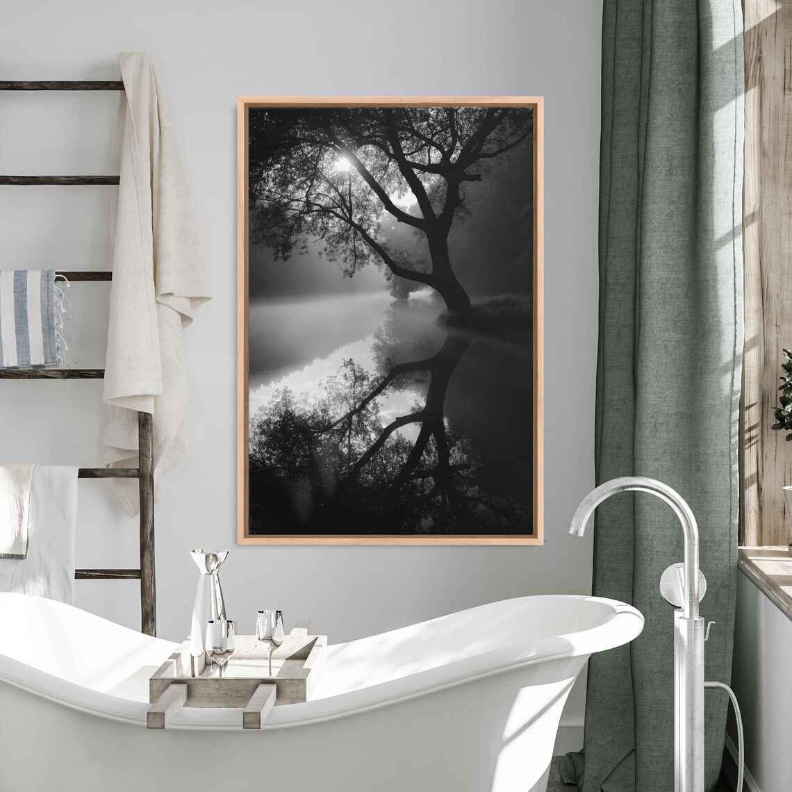 Tree Overhanging Lake Edge With Sun Shining Through Branches Wall Art Print Reflection Off Water Ready To Hang - Image 3