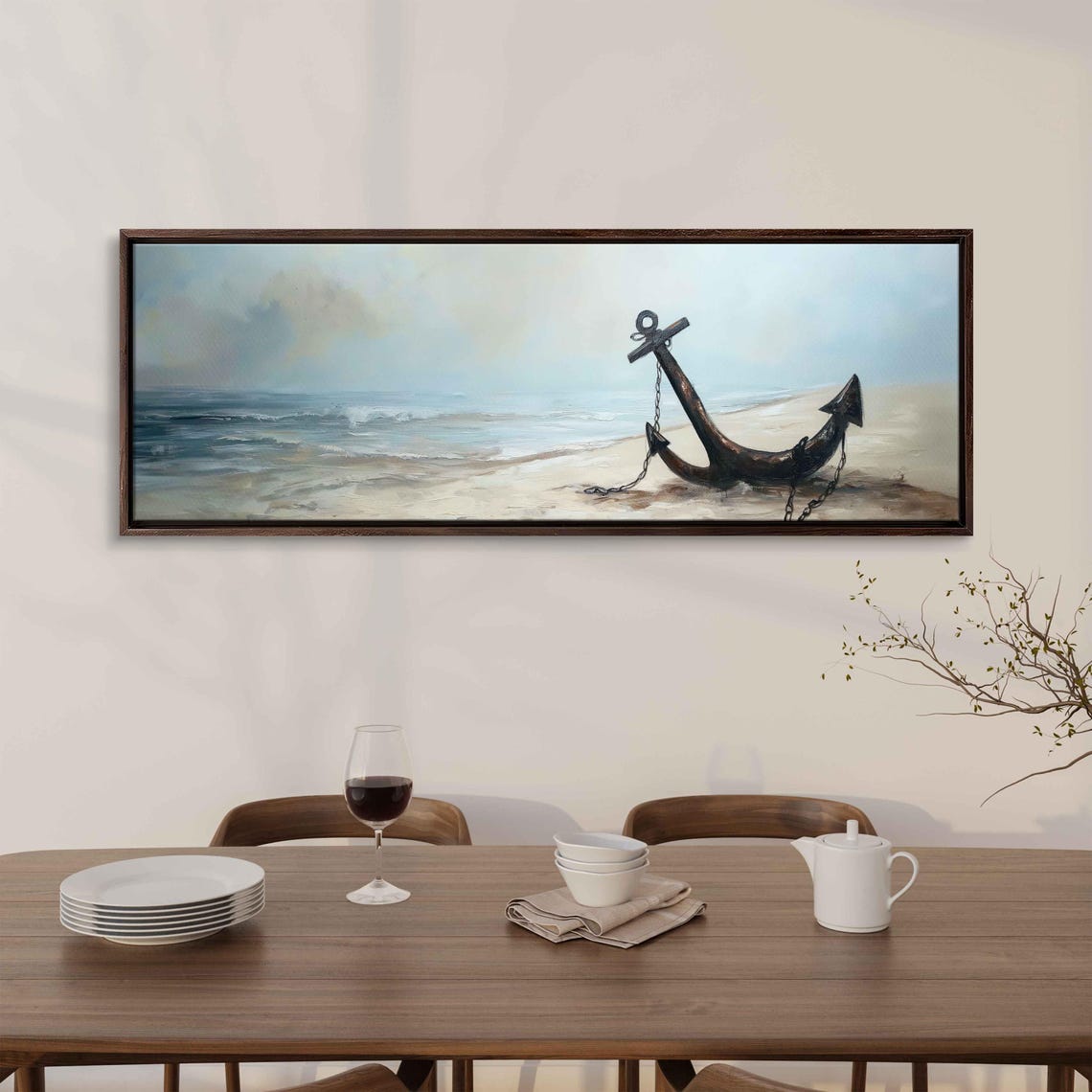 Rusted Anchor With Chain On Misty Beach Shoreline Nautical Poster