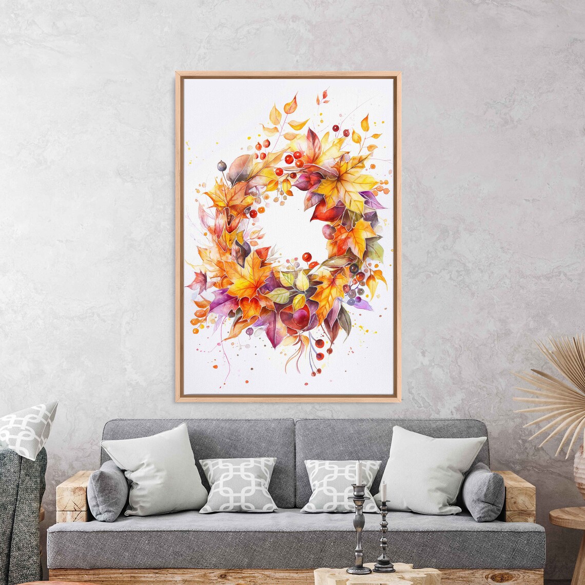 Watercolor Autumn Wreath With Fall Leaves And Red Berries Wall Art