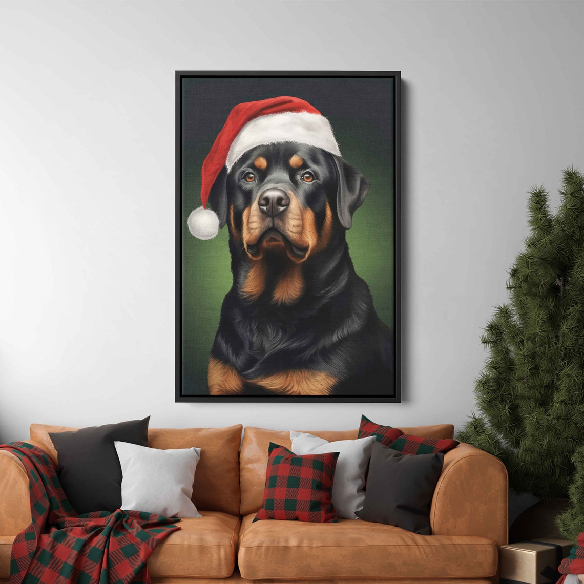 Regal Rottweiler in Santa Hat Festive Christmas Portrait Poster
