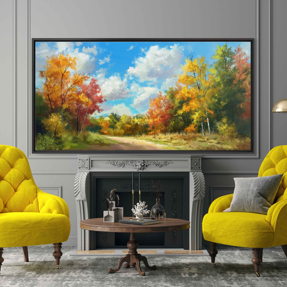Golden Autumn Forest Path Fall Foliage Under Blue Sky Art Print