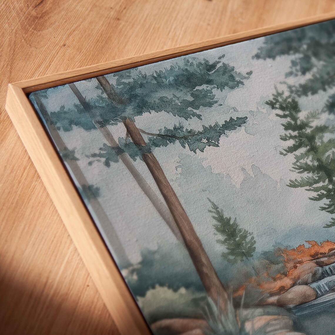 Watercolor Koi Pond Forest Stream Morning Fog Pine Trees Tranquil Art Print - Image 2