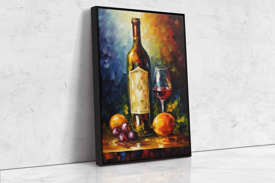 Wine Bottle Glass Red Wine Grapes Still Life Colorful Oil Painting Art Print - Image 4