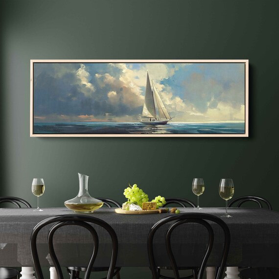 Sailboat Gliding Open Sea Dramatic Cloudy Sky Seascape Painting Poster