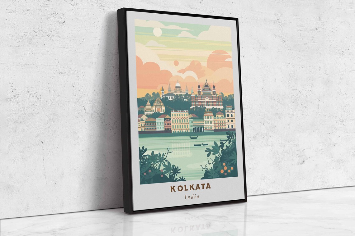 Kolkata India Colonial Cityscape Domed Temples River Sunset Poster - Image 2