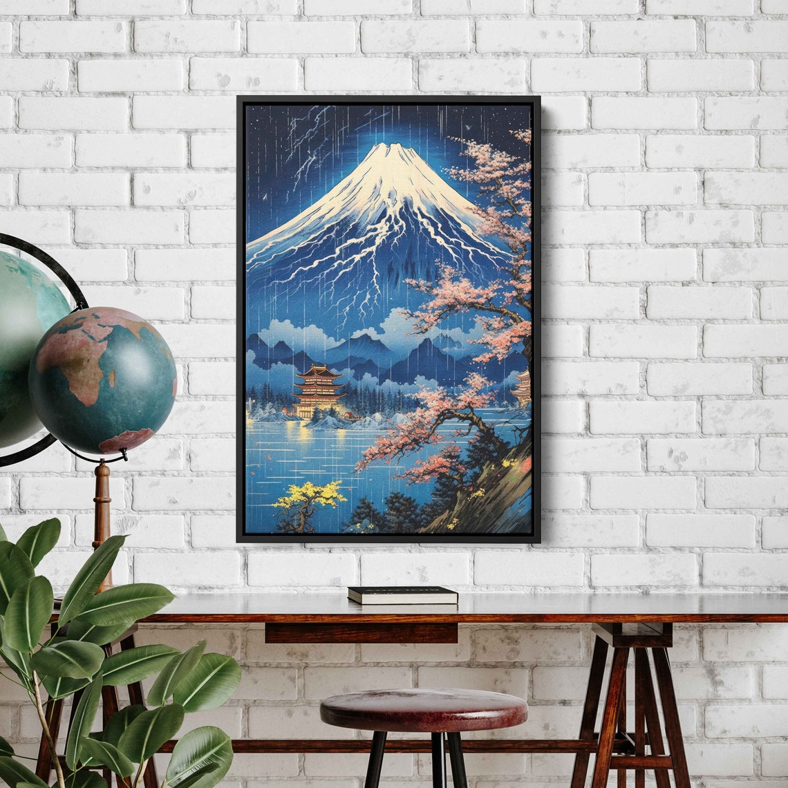 Mount Fuji Ukiyo E Lightning Cherry Blossom Pagoda Japan Art Print - Image 2