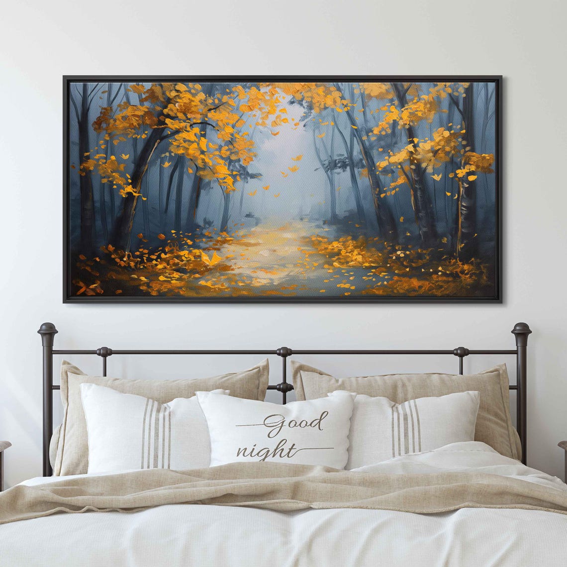 Golden Autumn Path Through Misty Woods Forest Painting Poster