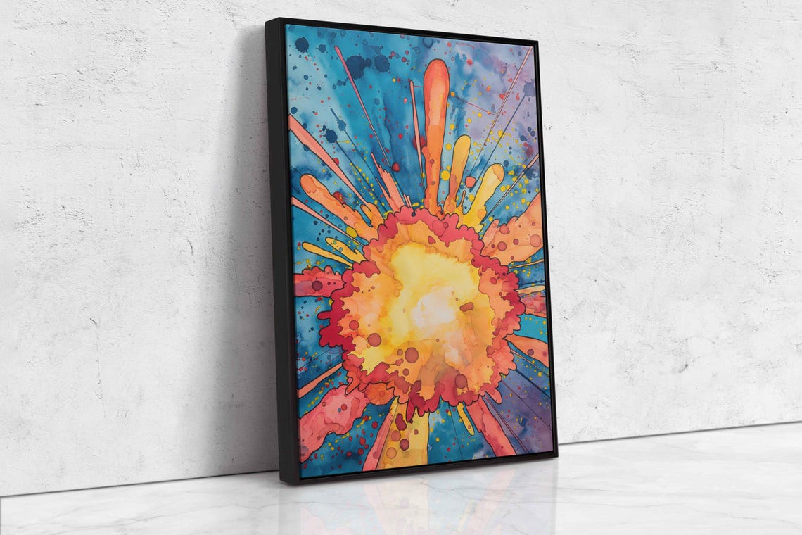 Pop Art Explosion Sunburst Watercolor In Orange Yellow And Blue Poster - Image 4