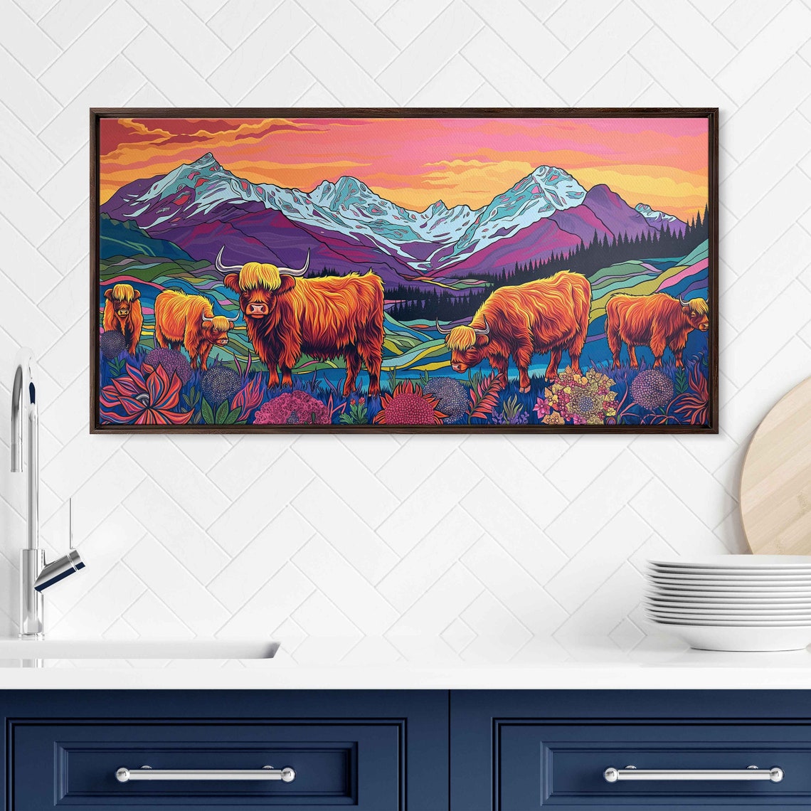 Colorful Highland Cows Herd Abstract Pop Art Mountain Poster - Image 3
