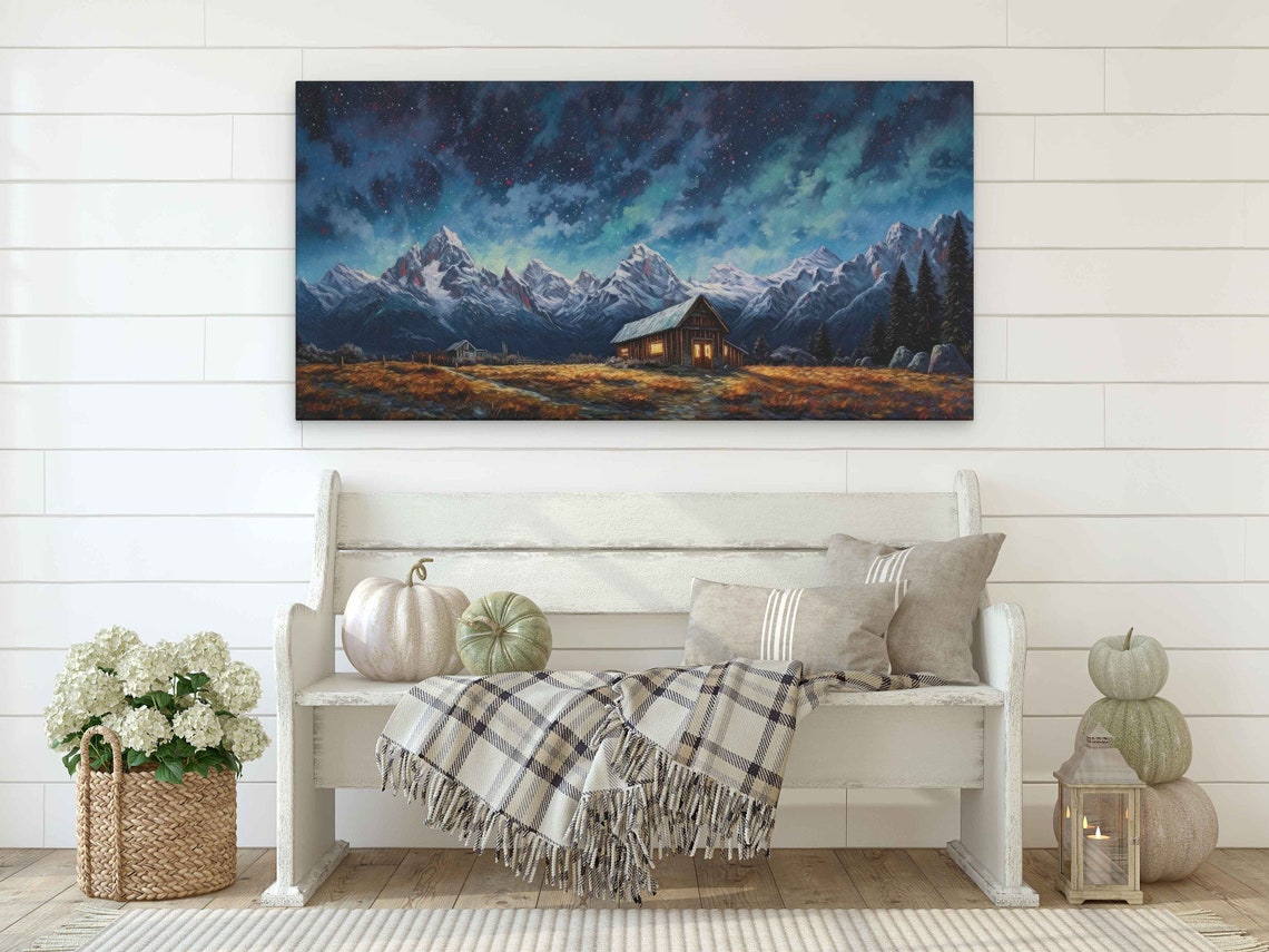 Log Cabin Under Aurora Night Sky Snowy Mountain Peaks Art Poster - Image 2