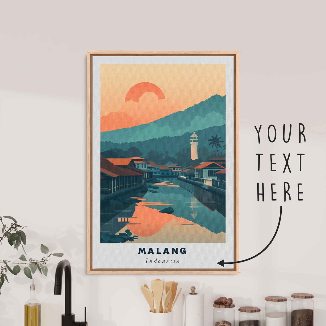 Malang Indonesia Riverside Town Sunset Mountain View Travel Poster