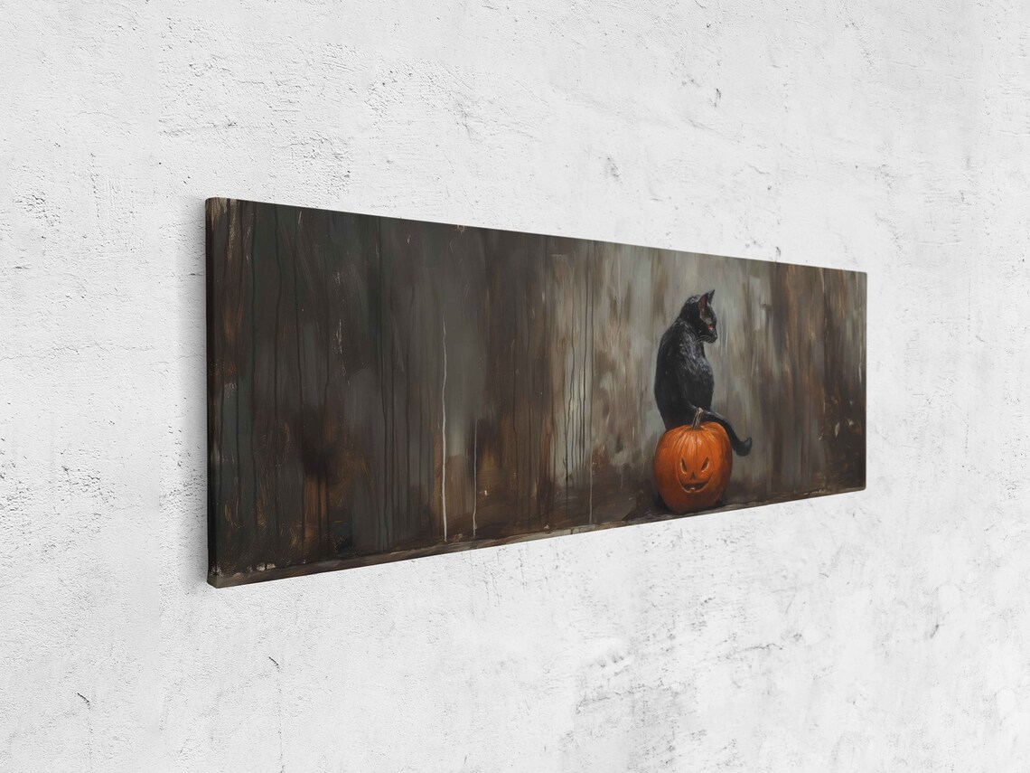 Black Cat Sitting On Pumpkin In Dark Haunted Woods Painting Poster - Image 4
