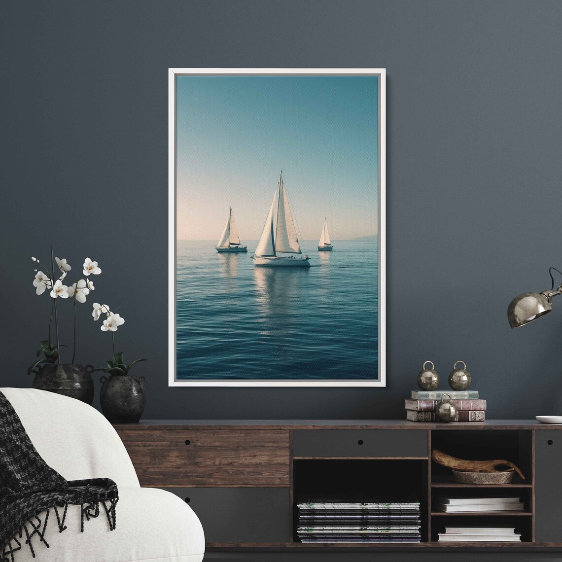 Three Sailboats Calm Blue Sea Golden Light Serene Nautical Travel Poster - Image 3