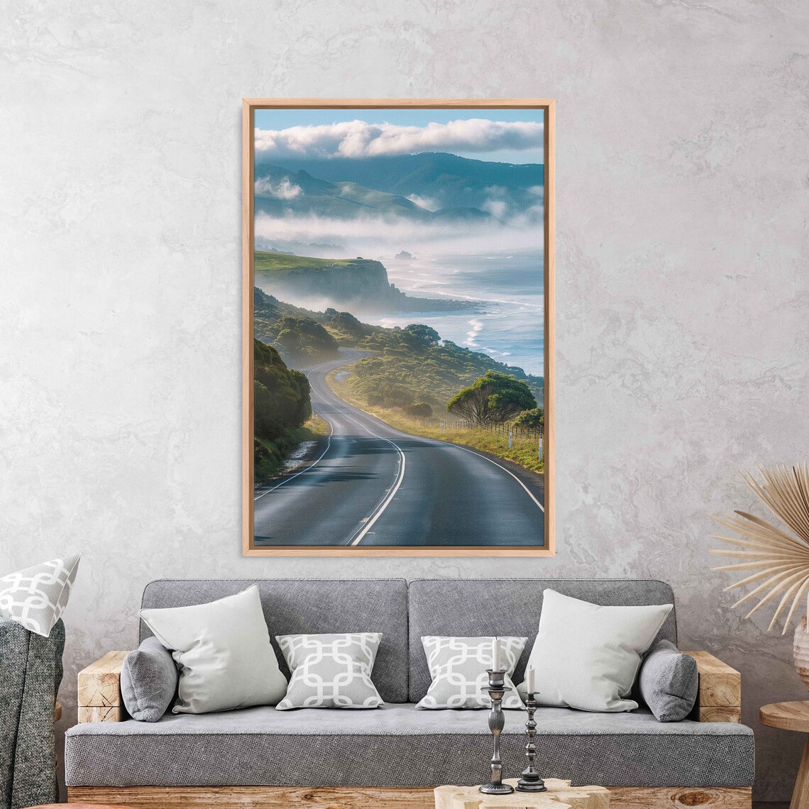Misty Coastal Highway Winding Through Green Hills Above Ocean Travel Poster