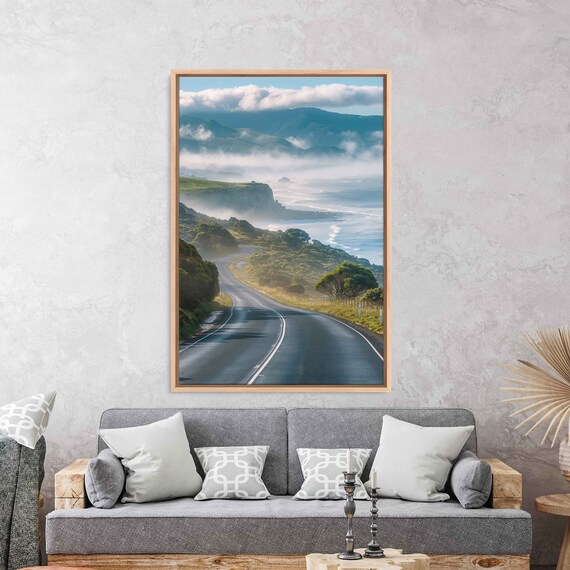 Misty Coastal Highway Winding Through Green Hills Above Ocean Travel Poster