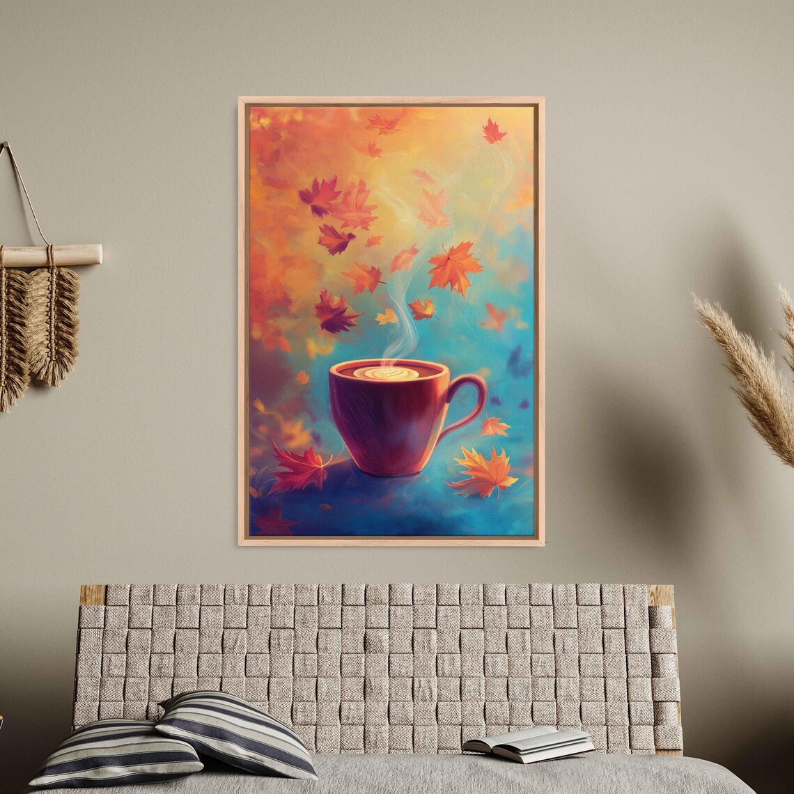 Steaming Hot Coffee Cup With Swirling Autumn Leaves Art Poster