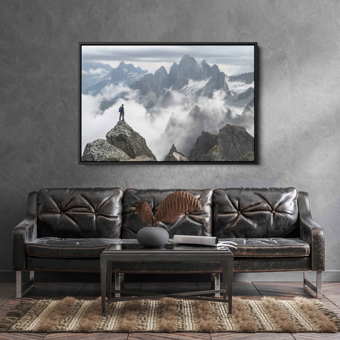 Climber On Rocky Summit Overlooking Cloud Sea Peaks View Print