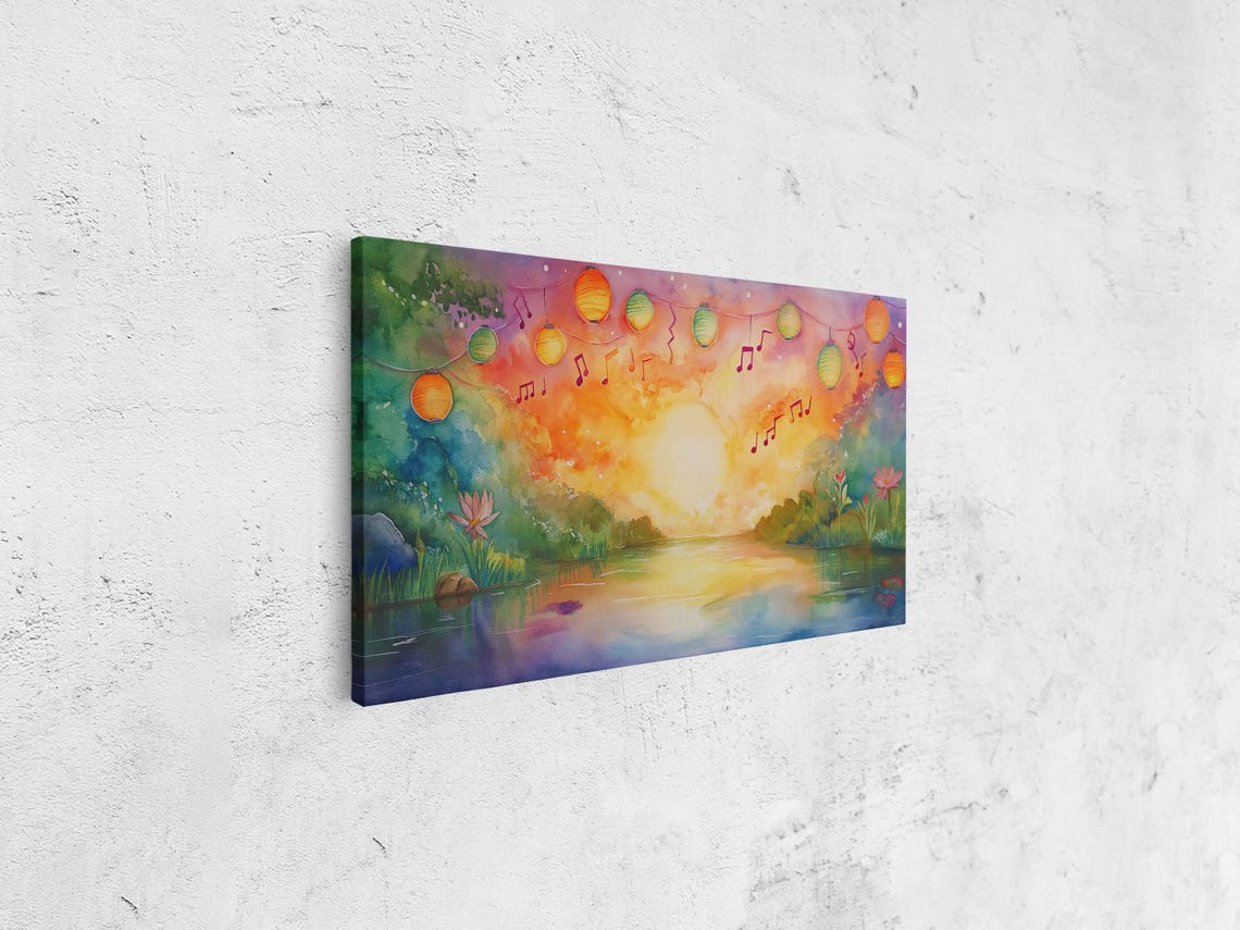 Watercolor Lake Sunset Floating Lanterns Music Notes Dreamy Poster - Image 4