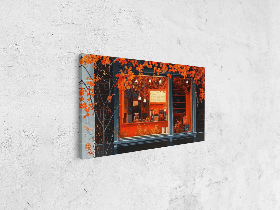 Glowing Coffee Shop Window Dusk Autumn Leaves Orange Light Wall Art - Image 4