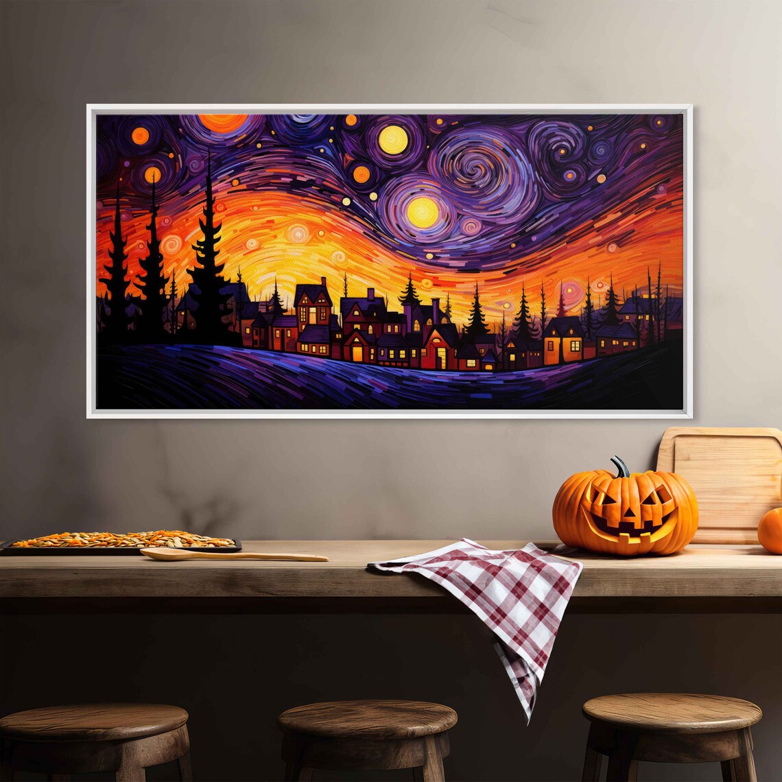 Van Gogh-Inspired Spooky Halloween Town Art Print - Image 2