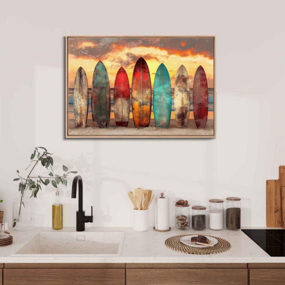 Vintage Surfboards At Sunset Wall Art Print Nostalgic Beach Scene Warm Hues Idyllic