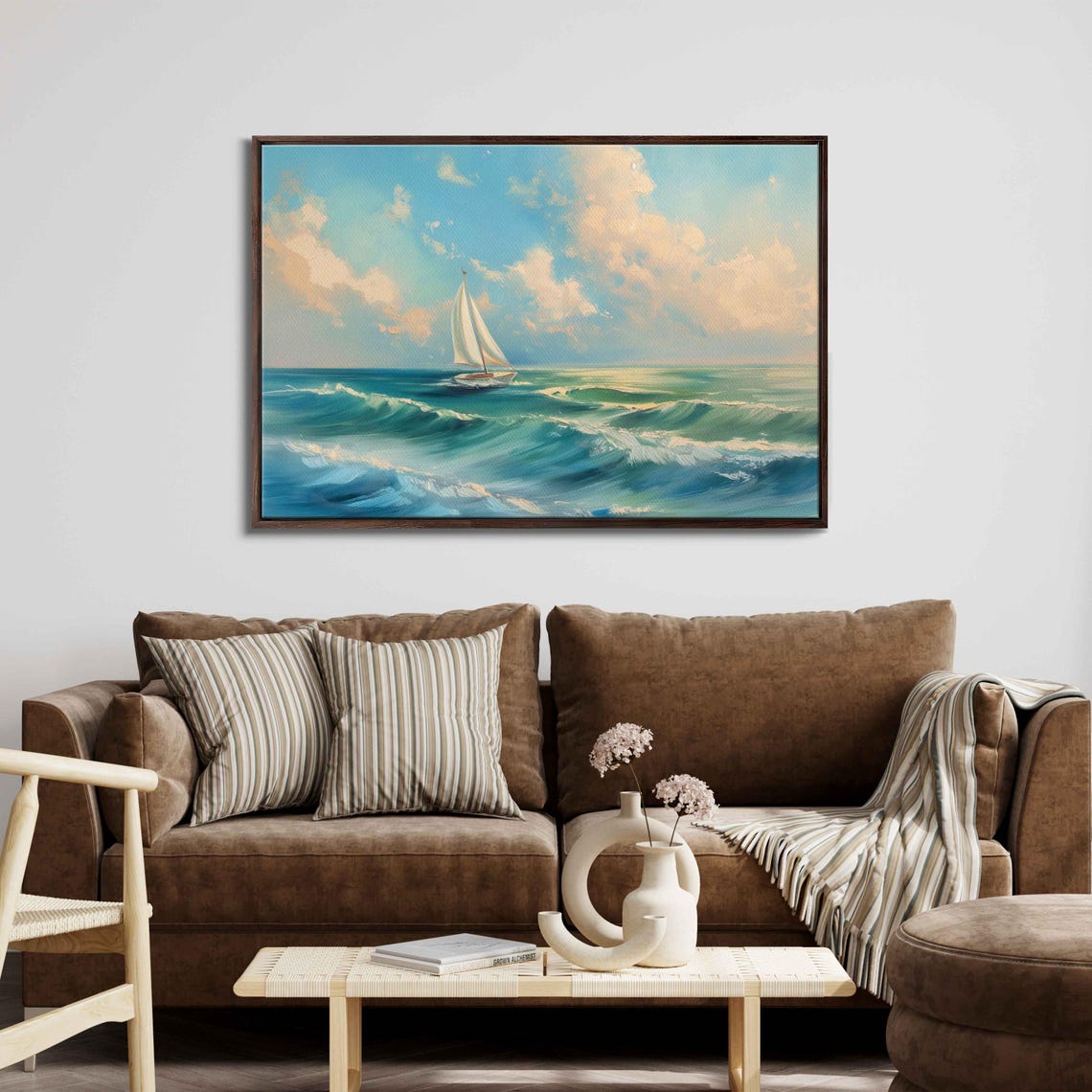 Sailboat On Teal Rolling Waves Pastel Clouds Oil Painting Poster - Image 3
