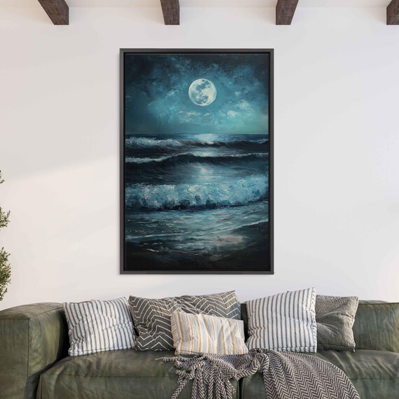 Full Moon Over Rolling Ocean Waves At Night Moonlit Seascape Painting Poster