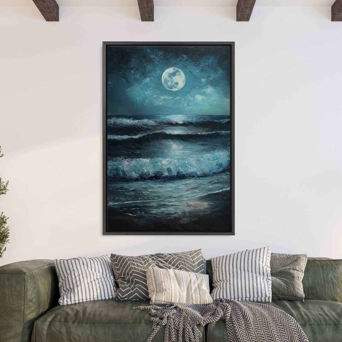 Full Moon Over Rolling Ocean Waves At Night Moonlit Seascape Painting Poster