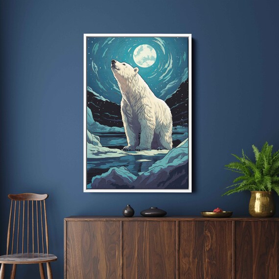 Polar Bear Gazing Full Moon Ice Floe Starry Night Vector Art Print