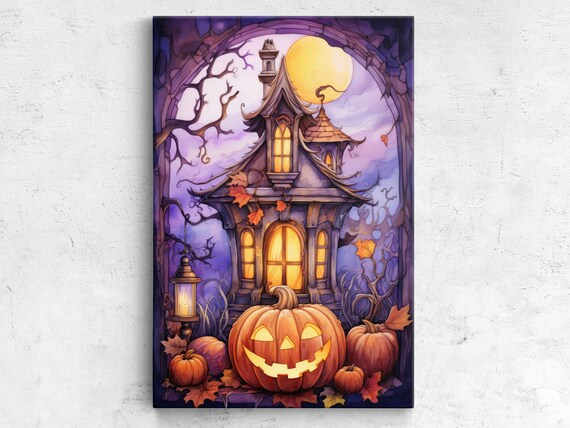 Halloween Haunted House Jack O Lantern Purple Moonlit Night Watercolor Poster