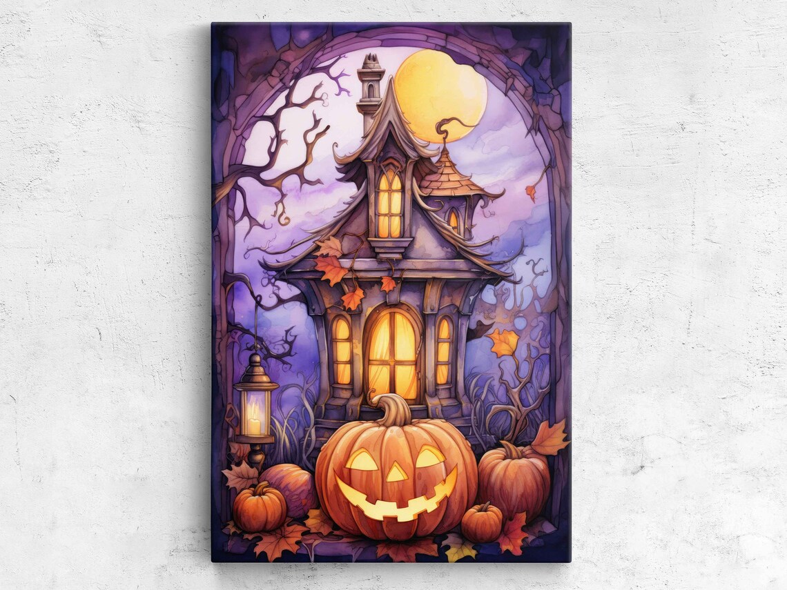 Halloween Haunted House Jack O Lantern Purple Moonlit Night Watercolor Poster